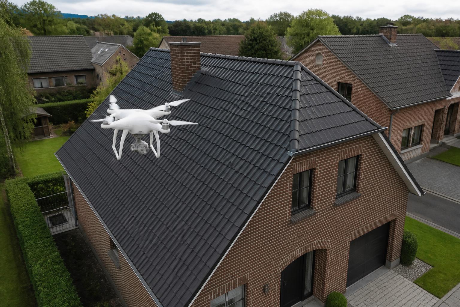 Drone inspecteert het dak van een Belgische woning vanuit de lucht