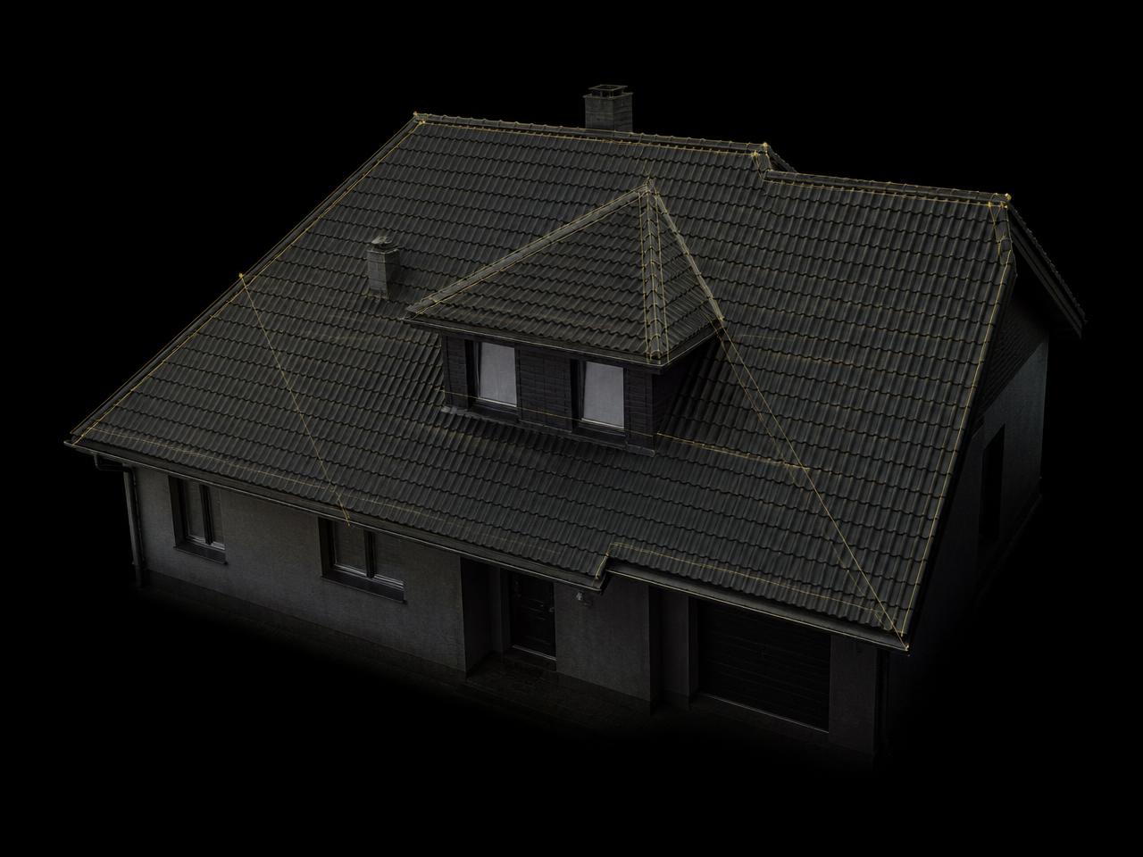 Digitaal 3D-model van een woning met dak en gevels na een drone-inspectie