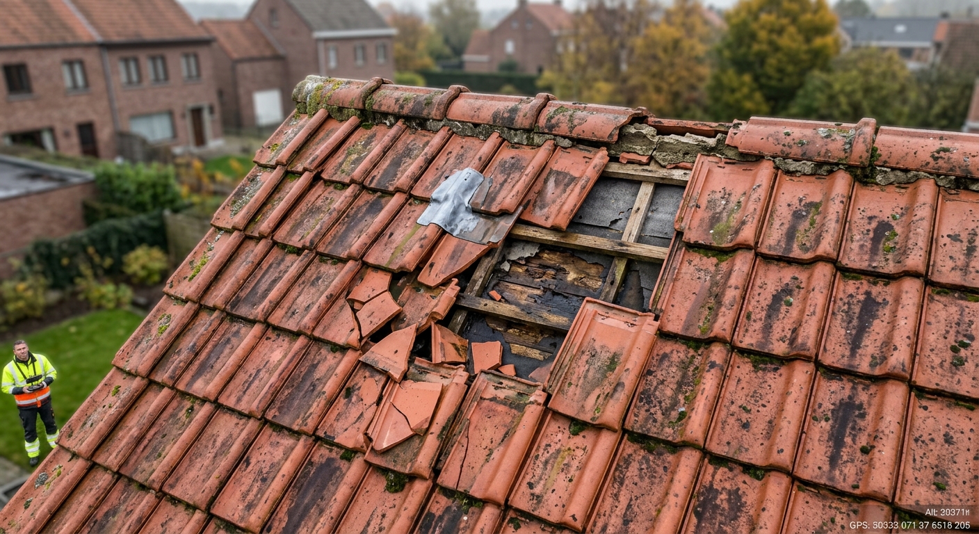 Voorbeeld van stormschade aan een dak